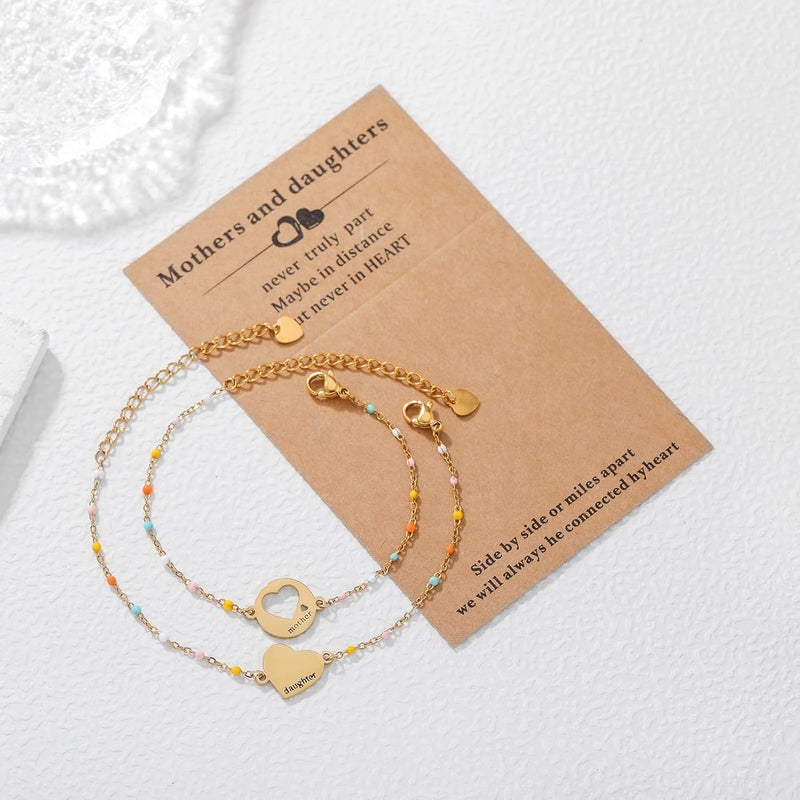 DS Mother Daughter Bracelets Set,18K Gold Plated Stainless Steel Heart Jewelry for Women Girls,Mothers Day Gifts for Mom/Daughter,Adjustable Matching Bracelets for Mommy and Me gift box packaging - Image 3